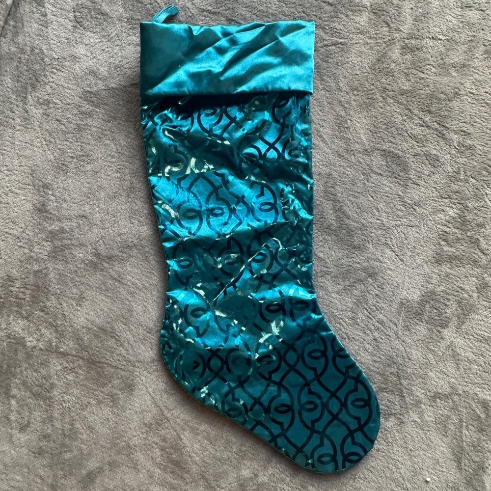 Teal Metallic Jacquard Holiday Christmas Stocking With Geometric Pattern